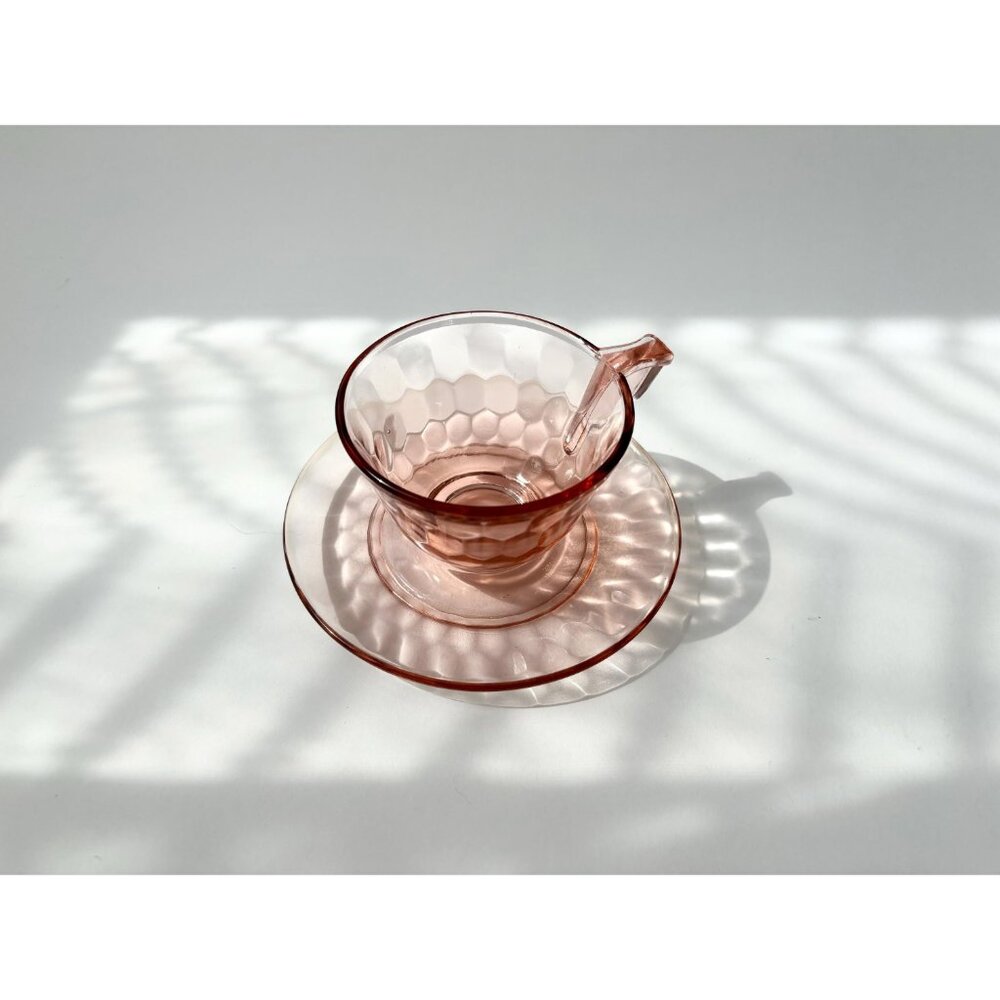 Pink Jeannette Depression Glass Vintage Teacup Saucer Glass Set Optic Thumbprint - Picture 3 of 10